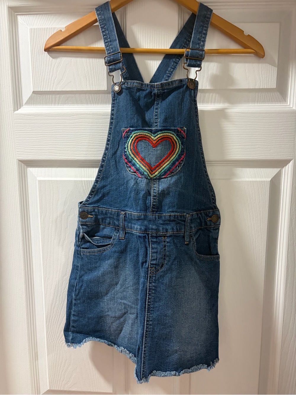 Cat & Jack Blue Denim Overall Dress with Rainbow Heart Patch